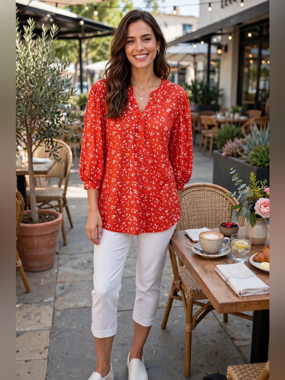 Amazon Red White Speckled Henley Tunic Blouse
